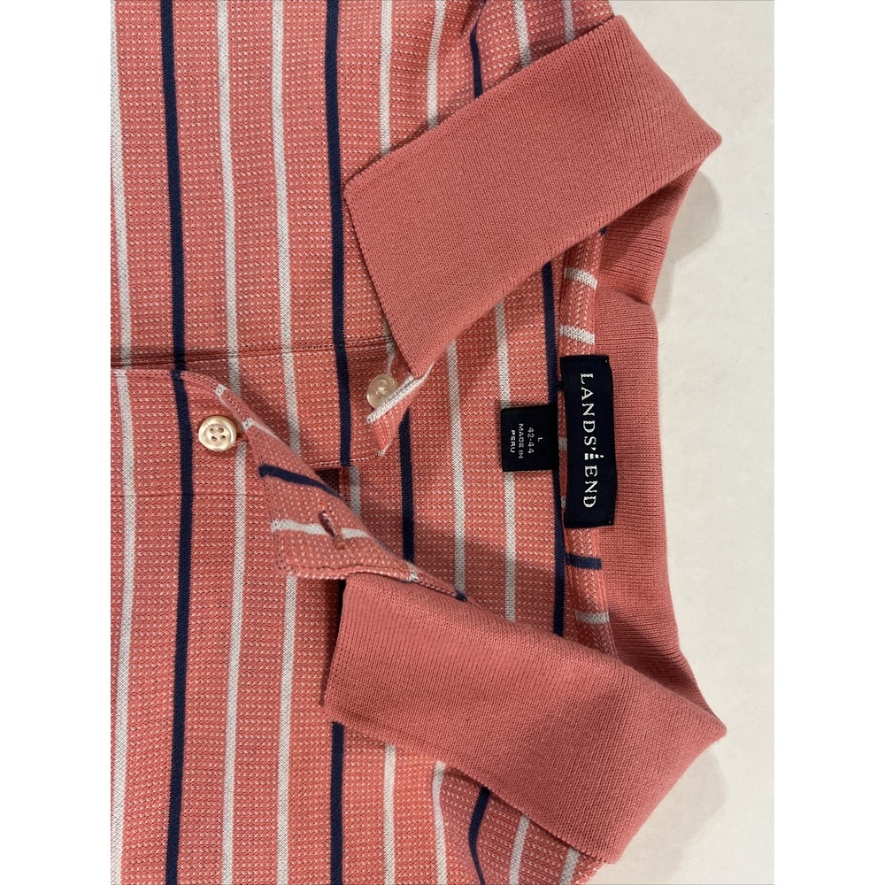 Lands' End Polo Shirt Pink W/Navy & White Stripes Mens SZ Large Classic Preppy - Picture 2 of 16